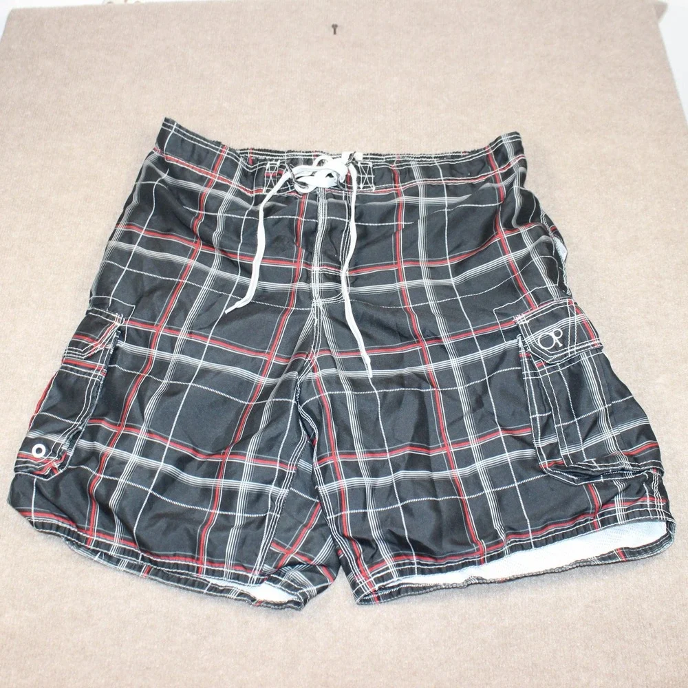 OP Ocean Pacific Mens Plaid Cargo Board Shorts Black Red XL 40-42 OM21203Y